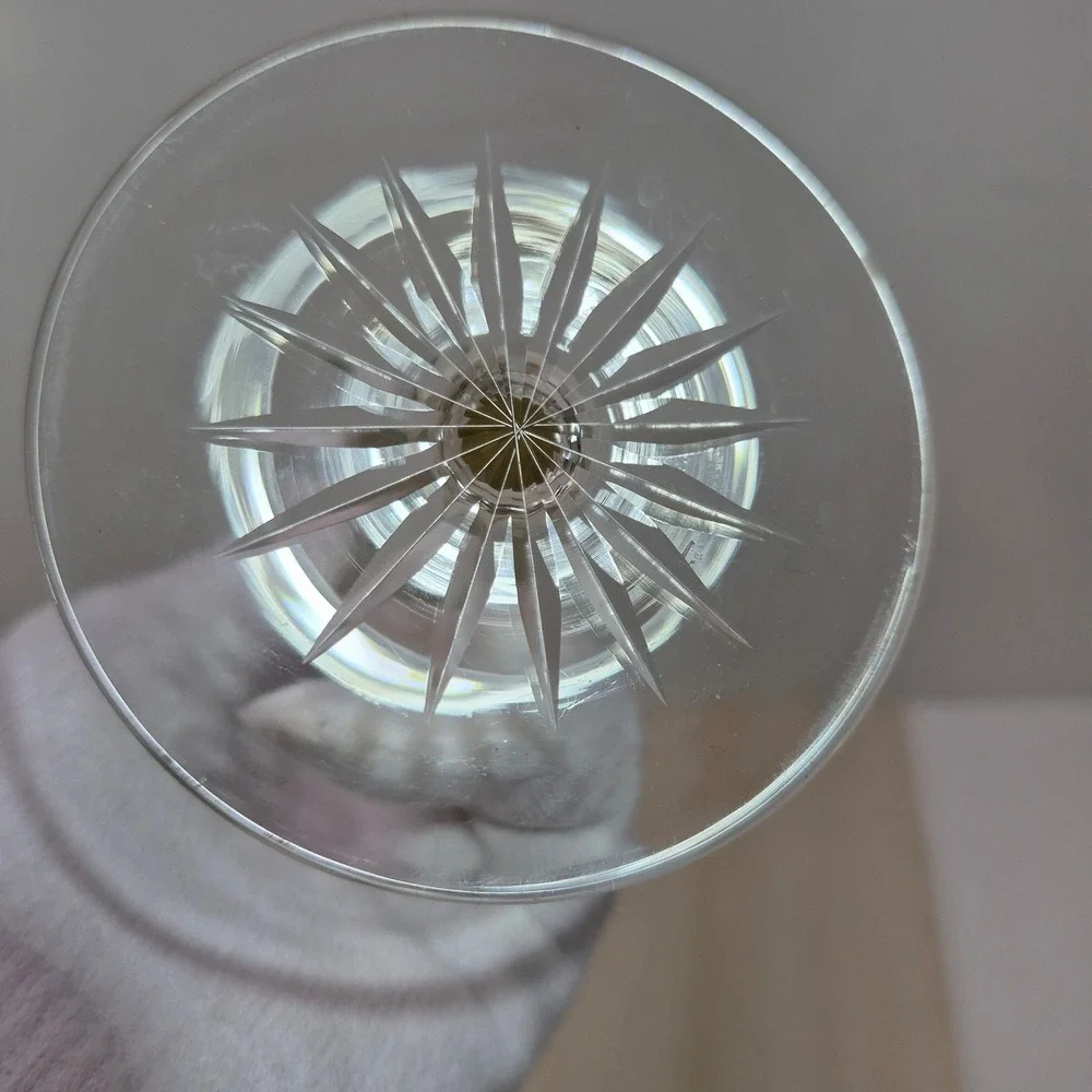 Vintage Emerald Green Cut to Clear Crystal Wine Goblet Faceted Stem 8.25